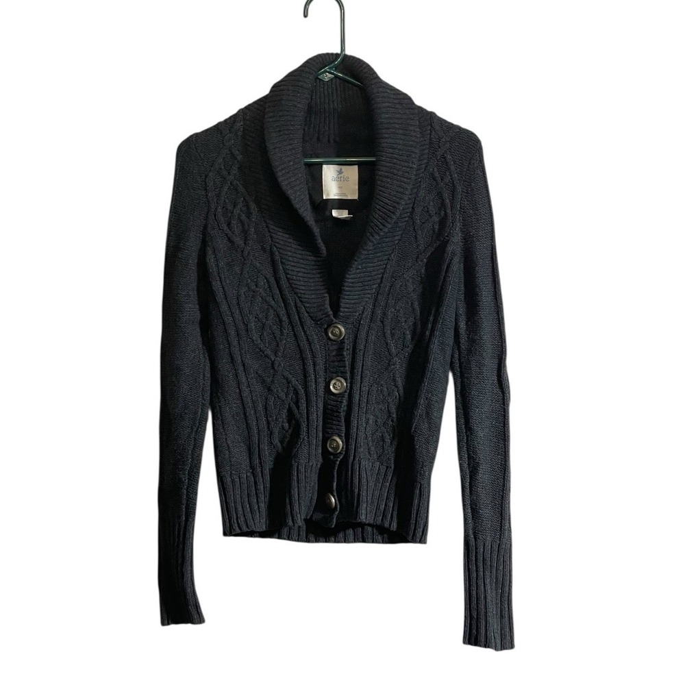Aerie Gray Shawl Collar Knit Button Cardigan Cable Knit Chunky Sweater Small Y2K